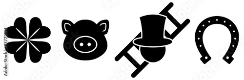 Fotografia 4 Glücksbringer Symbole: Kleeblatt, Schwein, Schornsteinfeger, Hufeisen / Vektor