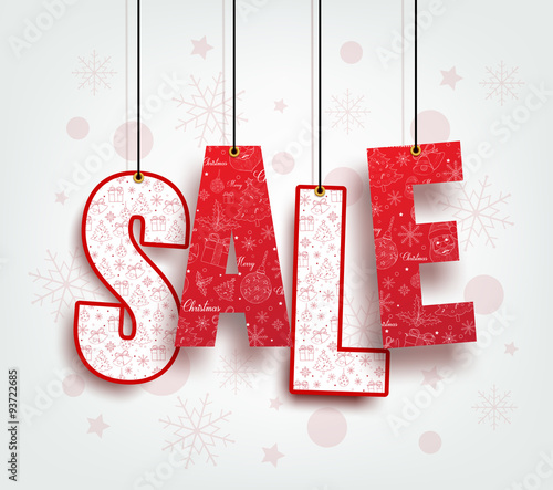 3D Christmas Sale Text Hanging for Promotion with a Christmas Balls and Decorations in Red Background. Realistic Vector Illustration
