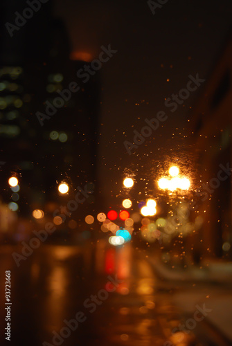 Abstract Defocused City Lights on a Rainy Night