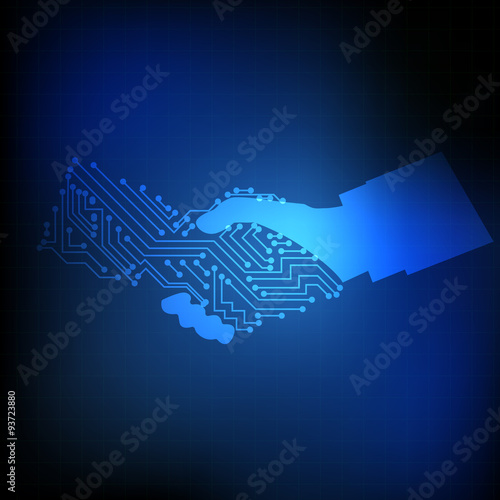 Vector : Electronic circuit on hand shaking on blue background