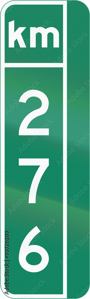 Guide and information road sign in Quebec, Canada - Milestone sign with distance in kilometers, version for the right side of the road Guide and information road sign in Quebec, Canada - Milestone sign with distance in kilometers, version for the right side of the road