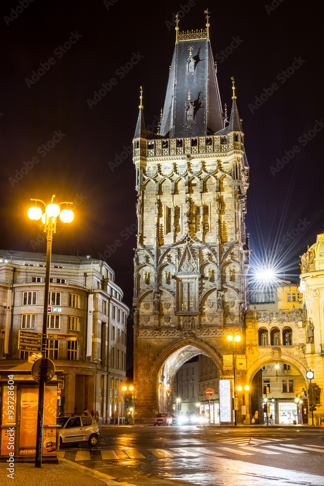The Powder Tower in Prague in the light of night lights. 