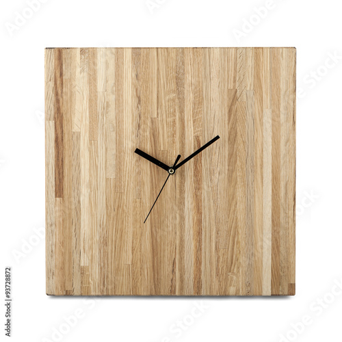 Simple wooden wall watch - Square clock isolated on white backgr