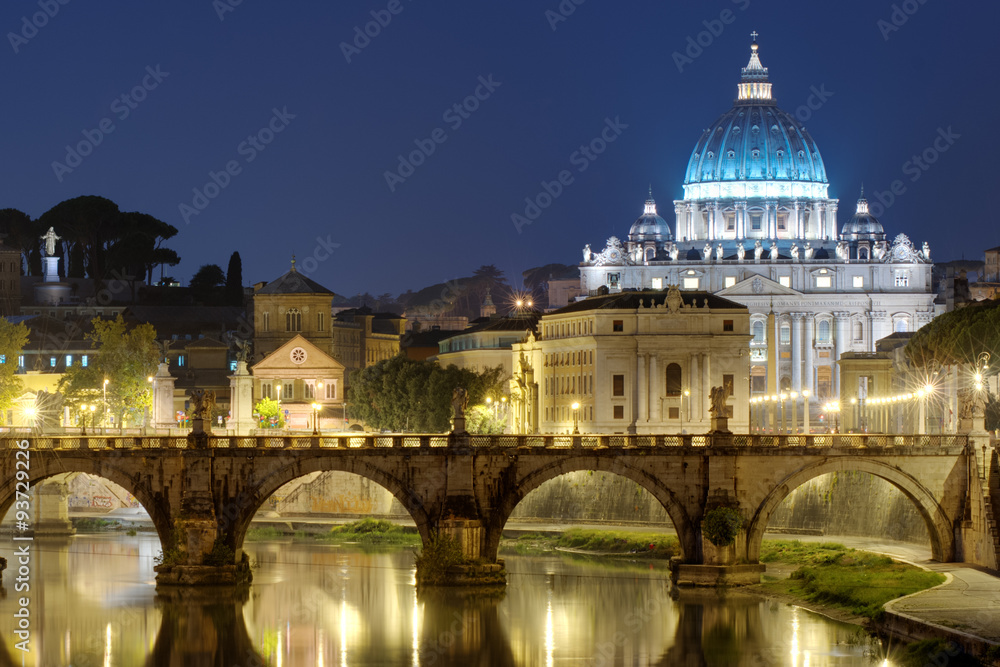 night view of Roma, St. Angelo Bridge and St. Peter