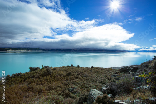 Lake Pukaki is fed from melting of the Tasman and Hooker Glaciers. The Lake has a distinctive blue color, that is caused by glacial flour, fine rock particles from the glaciers. © lowe99