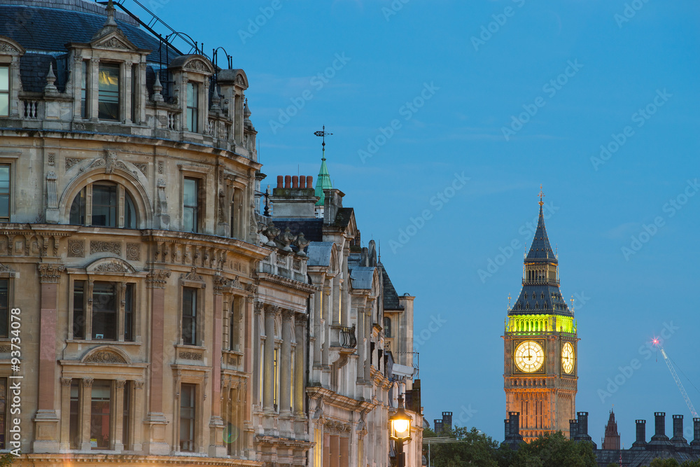 The Palace of Westminster Big Ben and Trafalgar Square at night,