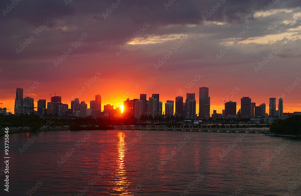 Sunset with the skyline of Miami