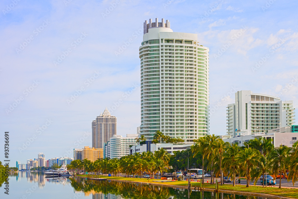 Obraz premium Miami Beach Florida buildings and palm trees by the water