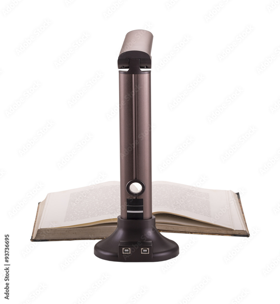 The document camera and the old book on a white background The document camera and the old book on a white background