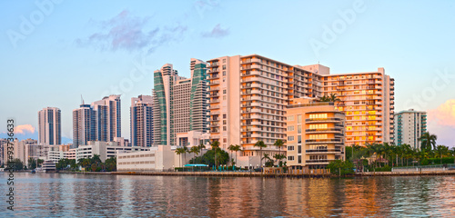 Hollywood Florida, buildings at sunset reflected in the water