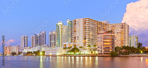 Hollywood Florida, buildings at sunset reflected in the water photo