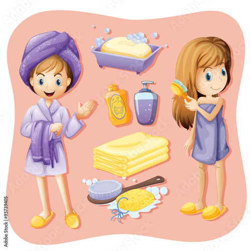 Women in bathrobe and bathroom set