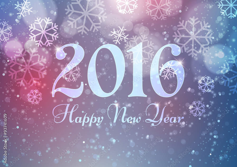 Happy New Year 2016 with Snowflakes on Bokeh Light Background
