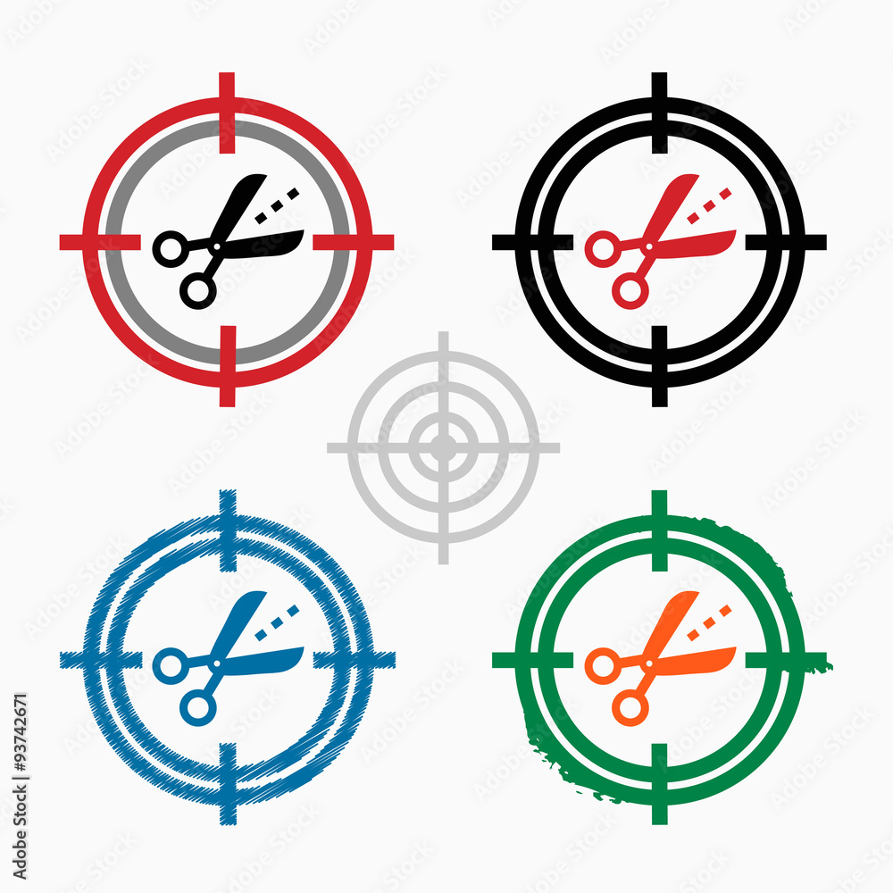 Scissors icon with cut lines on target icons background Scissors icon with cut lines on target icons background
