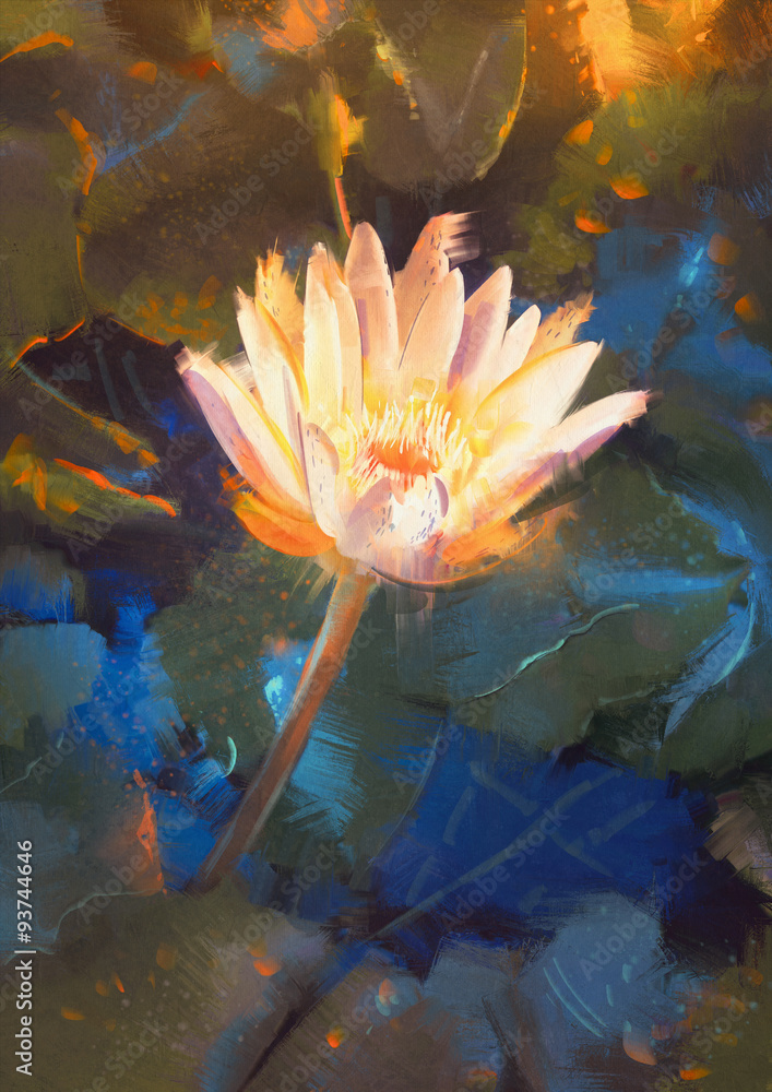 Naklejka premium painting of beatiful yellow lotus blossom,single waterlily flower blooming on pond