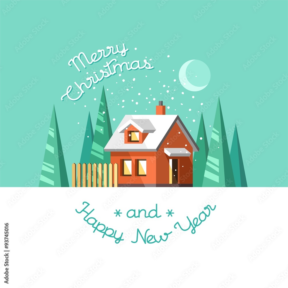 Christmas and Happy New Year greeting card. Winter house. Flat vector illustration.