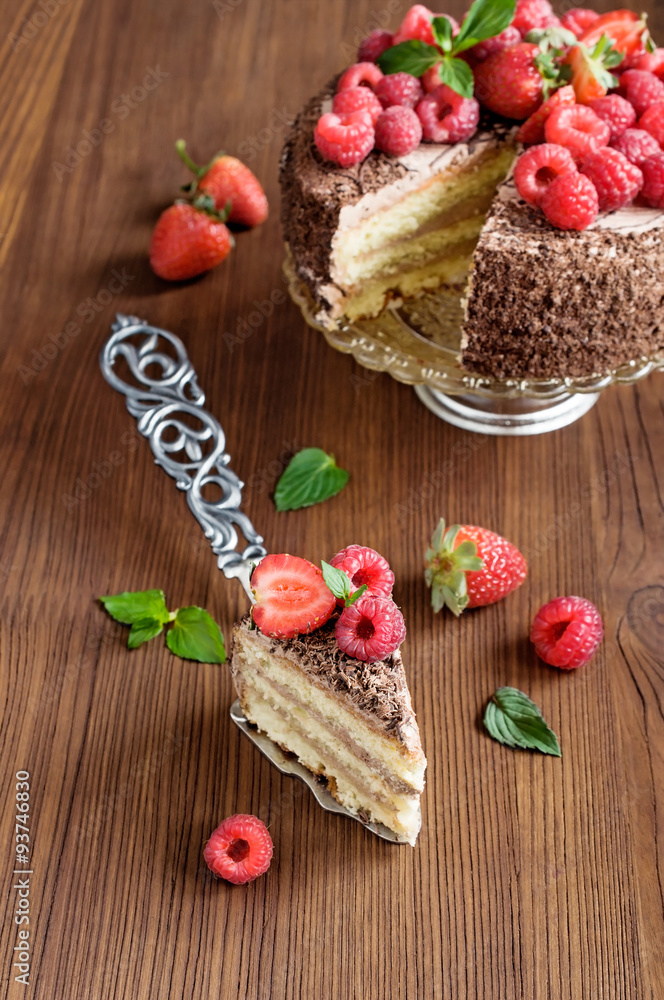 Piece of chocolate cake with fresh berries Piece of chocolate cake with fresh berries