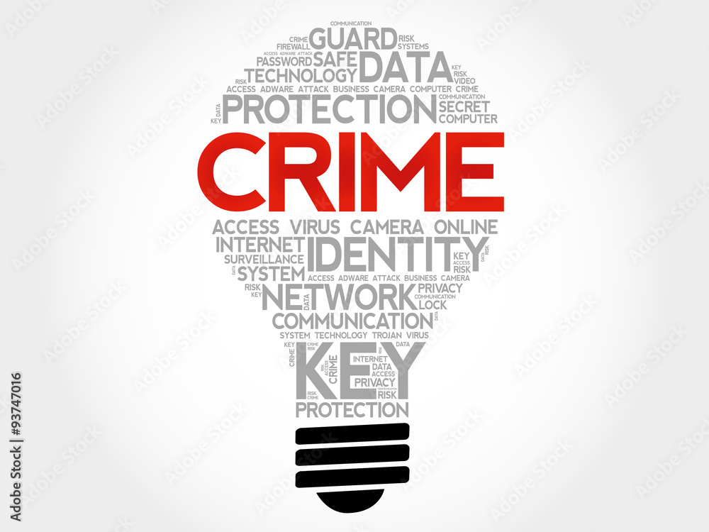 Crime bulb word cloud, business concept Crime bulb word cloud, business concept