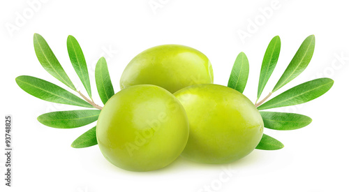 Three green olives, branches and leaves, isolated