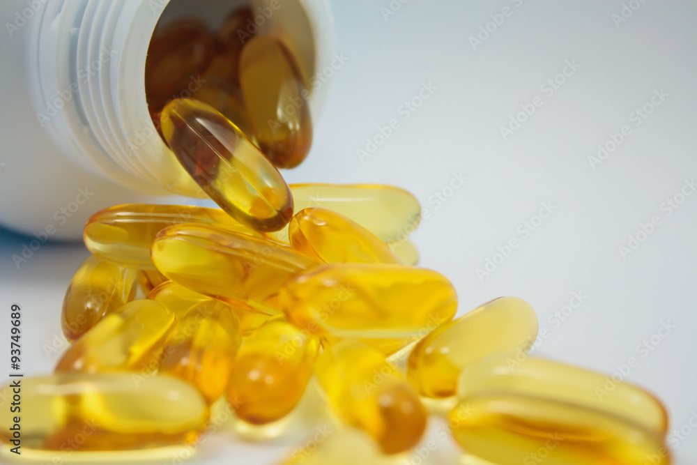 Fish oil capsules and container Fish oil capsules and container