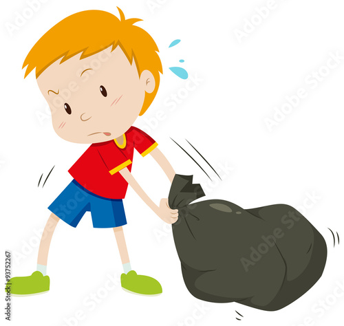 Little boy dragging a black bag