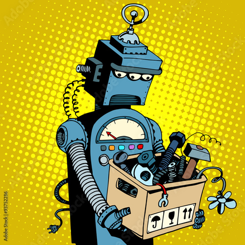 Sad retro robot leaves work