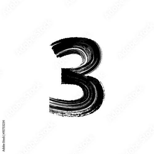 Number Three 3 hand drawn with dry brush