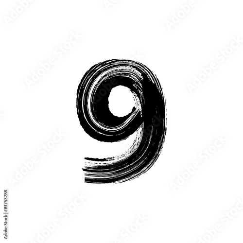 Number Nine 9 hand drawn with dry brush