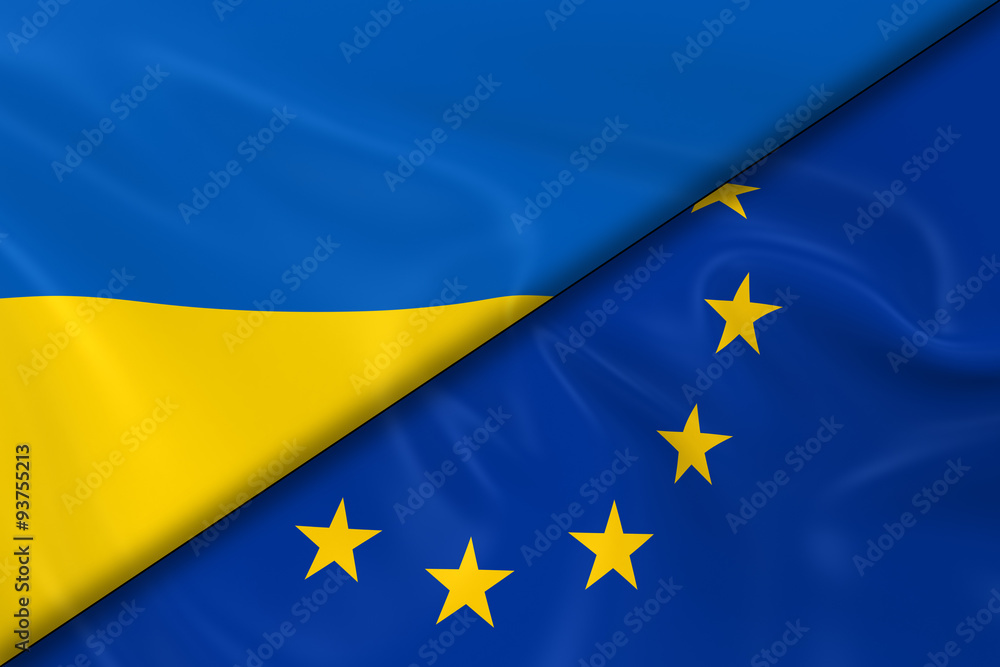 Flags of Ukraine and the European Union Divided Diagonally - 3D Render of the Ukrainian Flag and EU Flag with Silky Texture