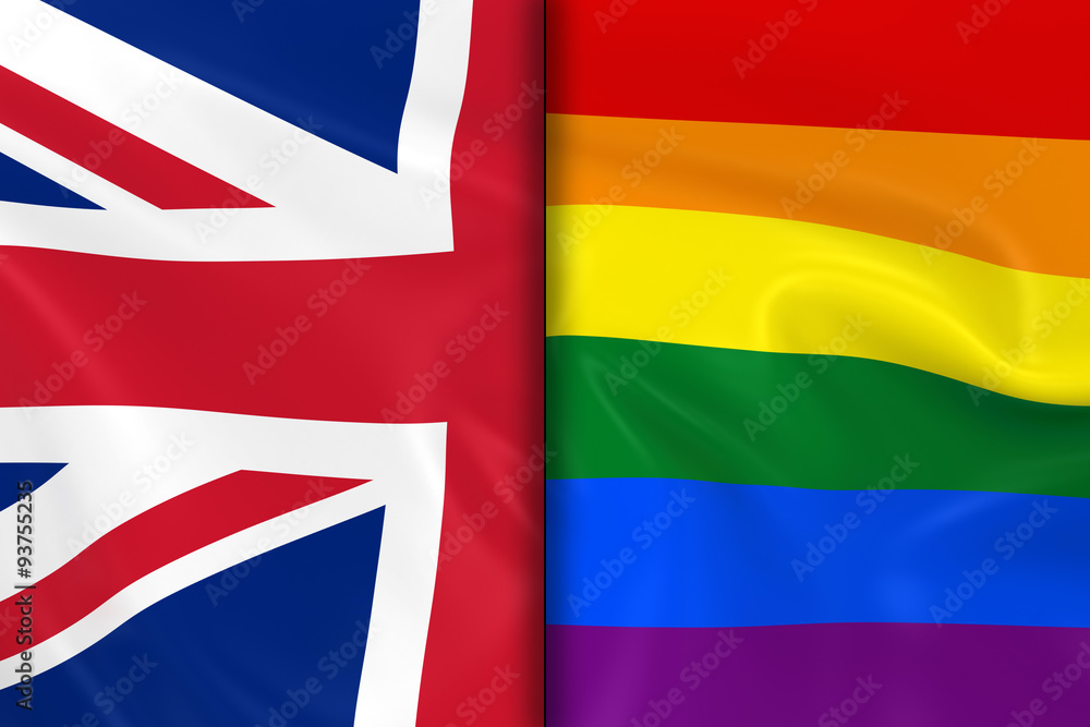 Flags of Gay Pride and the UK Split Down the Middle - 3D Render of the Gay Pride Rainbow Flag and the United Kingdom Flag with Silky Texture Flags of Gay Pride and the UK Split Down the Middle - 3D Render of the Gay Pride Rainbow Flag and the United Kingdom Flag with Silky Texture