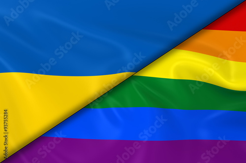 Flags of Gay Pride and Ukraine Divided Diagonally - 3D Render of the Gay Pride Rainbow Flag and the Ukrainian Flag with Silky Texture