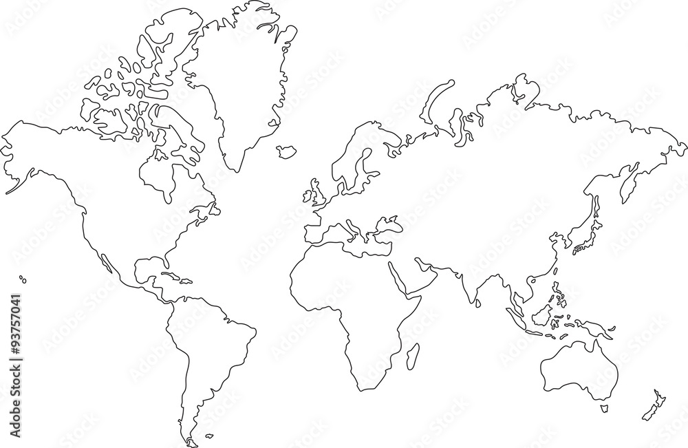 Obraz premium Szkic mapy freehand świata na białym tle.
