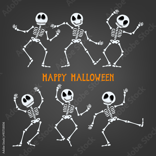 Halloween skeleton with assorted expressions, vector illustration.
