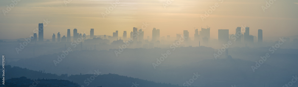 Istanbul business district during foggy sunrise