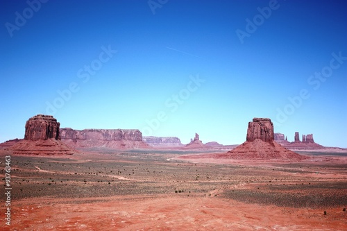 View from the Artist Point Overlook to West Mitten Butte, East Mitten Butte and Merrick Butte in Monument Valley, Utah USA