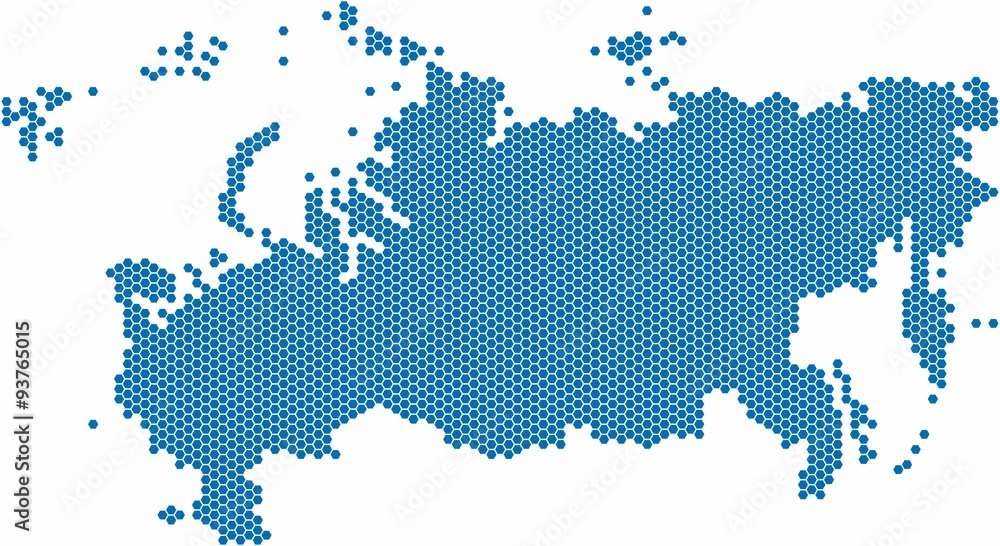 Blue hexagon shape Russia map on white background, vector illustration.