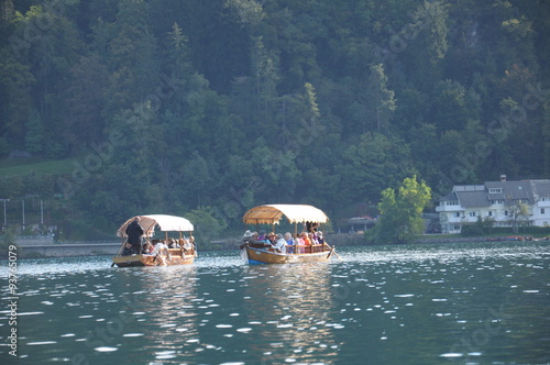 Принти на полотні punts (the pletnas) on the Bled Lake, Slovenia