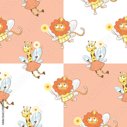 Vector seamless pattern with fairies giraffes and lions on a checkered background.