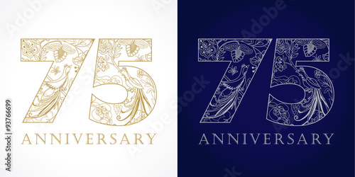 75 anniversary vintage logo. Template numbers of 75th jubilee in ethnic patterns and birds of paradise.