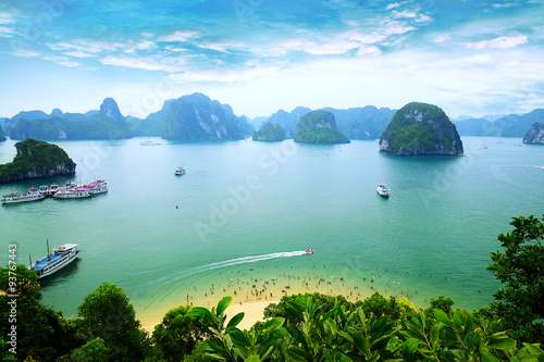 Tourist Junks in Halong Bay from titop island, Vietnam photo
