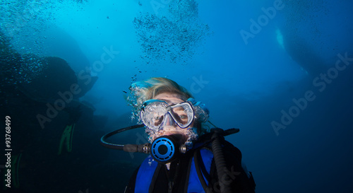 Woman scuba diver, mediterranean sea.