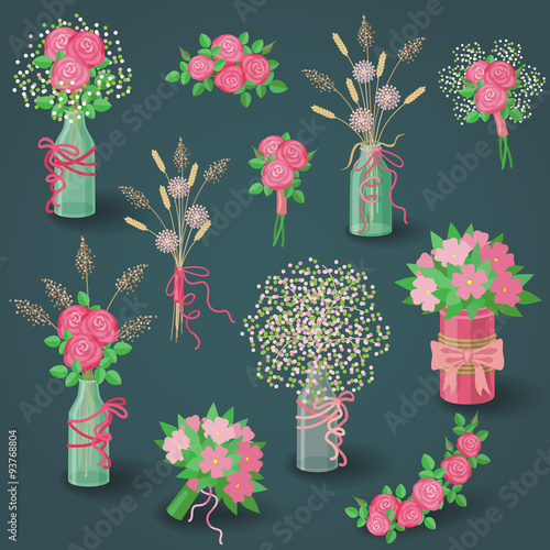 Set of Pink Flowers, Bouquets and Floral Elements