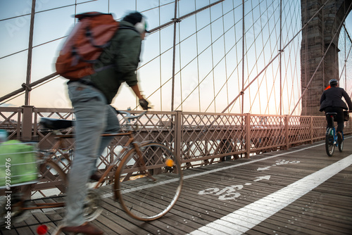 Sticker Bicycle road with cyclist on Brooklyn Bridge in New York City