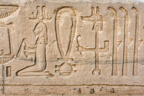 old egypt hieroglyphs carved on the stone. Detail from temple wa