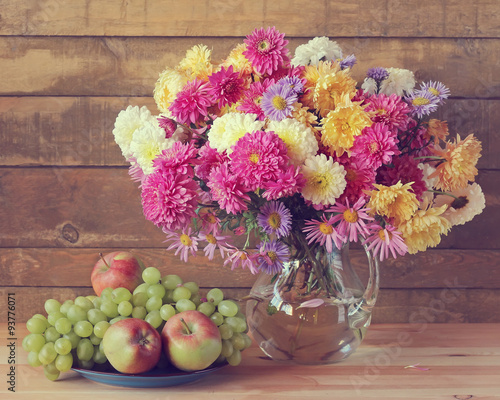 Wallpaper Mural Still life with a bouquet and fruit. Chrysanthemums. Torontodigital.ca