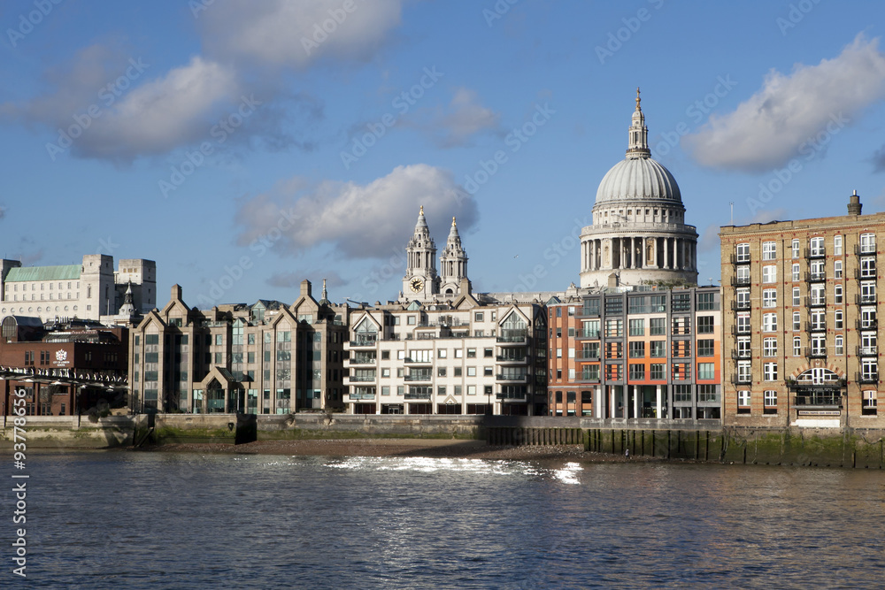 The View from the south bank, across the River Thames with commercial skyscrapers dominating the Financial District skyline 