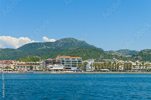 view of marmaris resorts and beach from sea