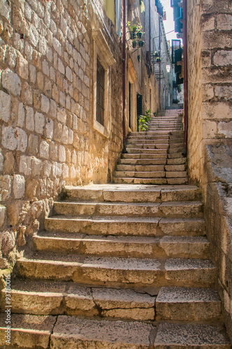     Narrow street and stairs in the Old Town in Dubrovnik, Croatia, Mediterranean ambient  © ilijaa