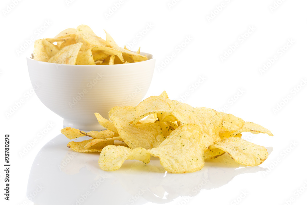 Prepared potato chips snack closeup view Prepared potato chips snack closeup view