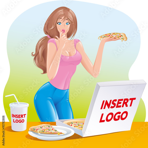 Beautiful girl eating pizza with appetite, and drinks a cocktail standing beside the table on which the pizza box on it a blank space to insert  your logo and a cup with space for your logo, vector